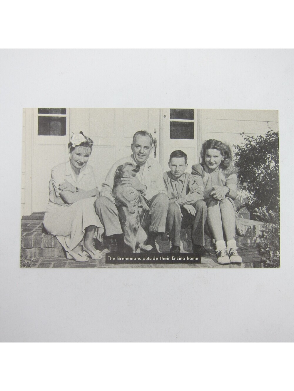 Postcard Tom Breneman Family & Dog Outside Home Encino California Vintage 1945